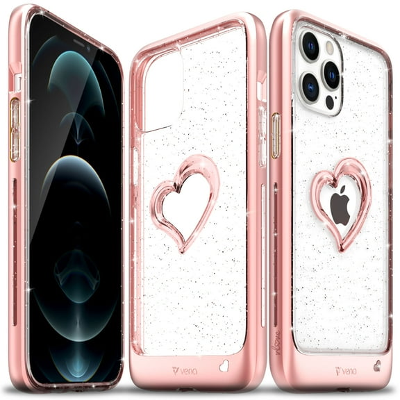 Vena iPhone 12 Pro Max Glitter Case, vLove Glitter Heart Case Slim Dual Layer Protection Designed for iPhone 12 Pro Max - Rose Gold