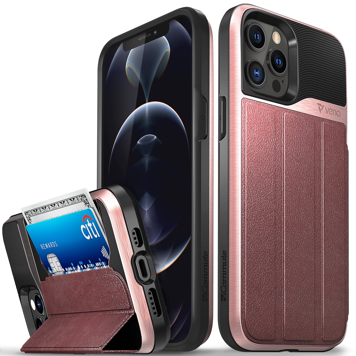 Vena iPhone 12 Pro Max Wallet Case, vCommute (Military Grade Drop Protection) Flip Leather Cover Card Slot Holder with Kickstand, Designed for iPhone 12 Pro Max - Rose Gold