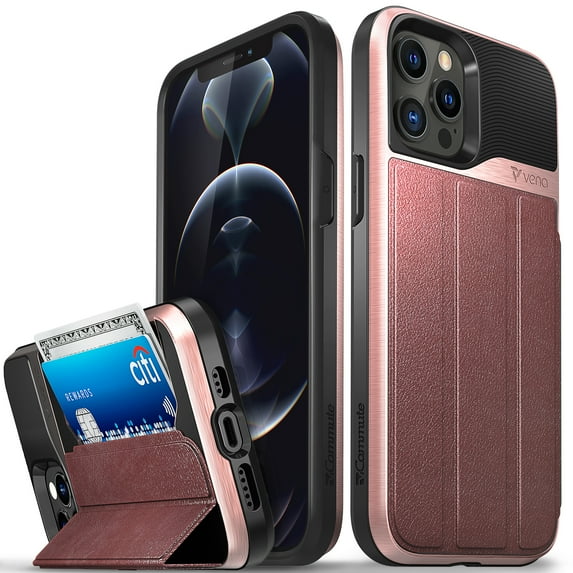 Vena iPhone 12 Pro Max Wallet Case, vCommute (Military Grade Drop Protection) Flip Leather Cover Card Slot Holder with Kickstand, Designed for iPhone 12 Pro Max - Rose Gold