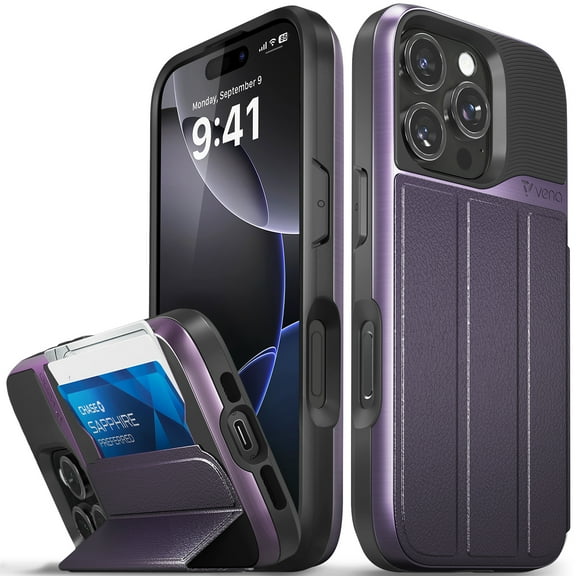 Vena vCommute for Apple iPhone 16 Pro Max Wallet Case, iPhone 16 Pro Max Case with Leather Stand Card Holder [Military Grade Drop Protection] - Purple