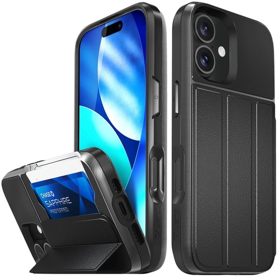 Vena vCommute For Apple iPhone 17 Case Hidden Wallet, Flip Leather Cover Slot Card Holder with kickstand, [Military Grade Drop Protection], Black