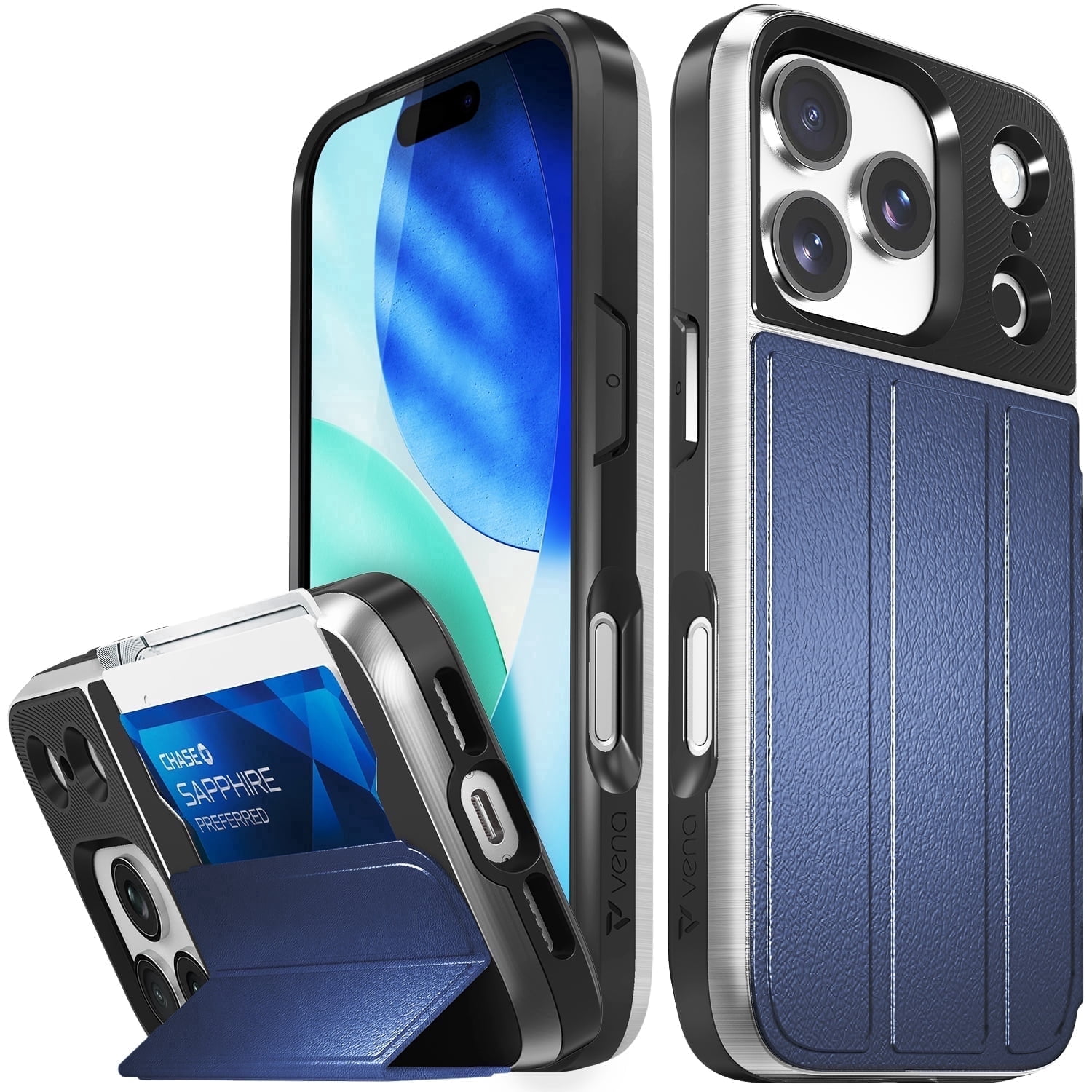 Vena vCommute For Apple iPhone 17 Pro Case Hidden Wallet,  Flip Leather Cover Slot Card Holder with kickstand, [Military Grade Drop Protection], Blue
