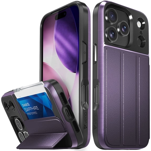Vena vCommute For Apple iPhone 17 Pro Case Hidden Wallet,  Flip Leather Cover Slot Card Holder with kickstand, [Military Grade Drop Protection], Purple