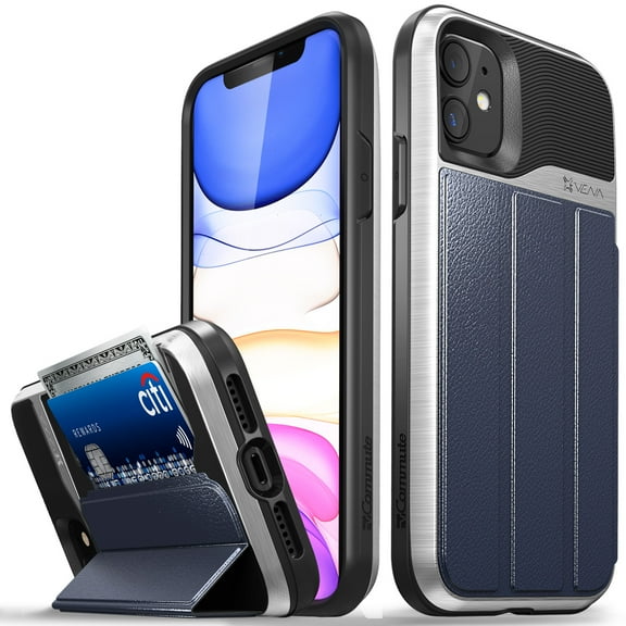 Vena vCommute Wallet Case Compatible with Apple iPhone 11 (6.1"-inch 2019), (Military Grade Drop Protection) Flip Leather Cover Card Slot Holder with Kickstand - Blue