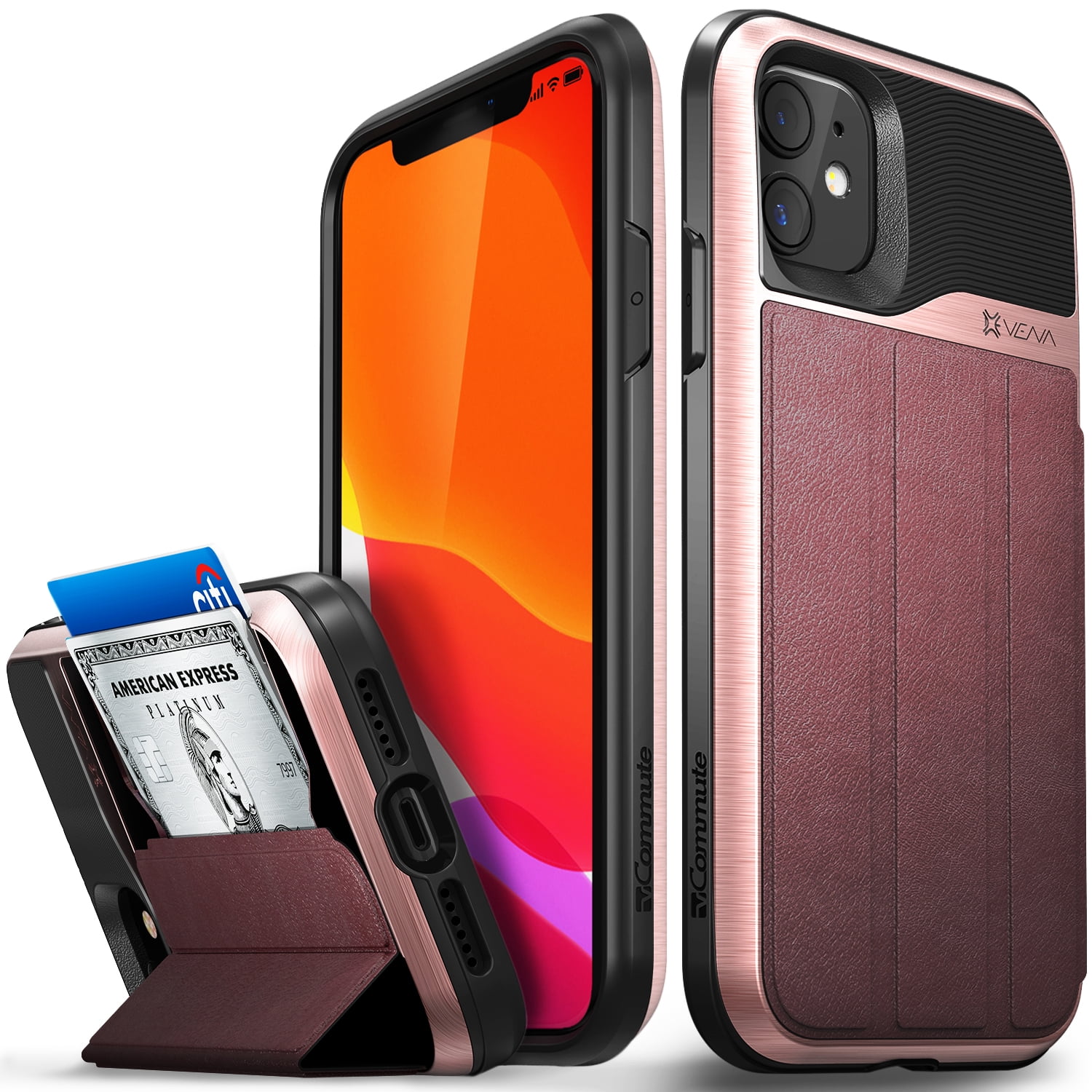 Vena vCommute Wallet Case Compatible with Apple iPhone 11 (6.1"-inch 2019), (Military Grade Drop Protection) Flip Leather Cover Card Slot Holder with Kickstand - Rose Gold