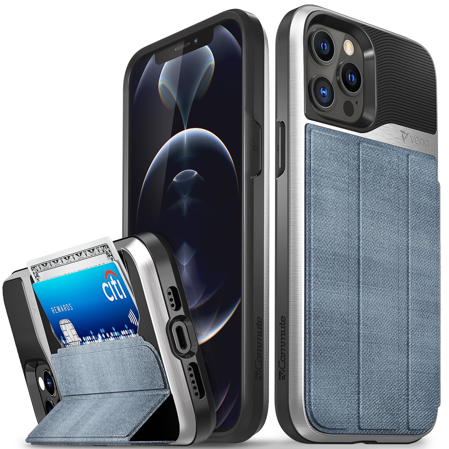 Vena vCommute Wallet Case Compatible with Apple iPhone 12 Pro Max (6.7"-inch), (Military Grade Drop Protection) Flip Leather Cover Card Slot Holder with Kickstand - Steel Blue
