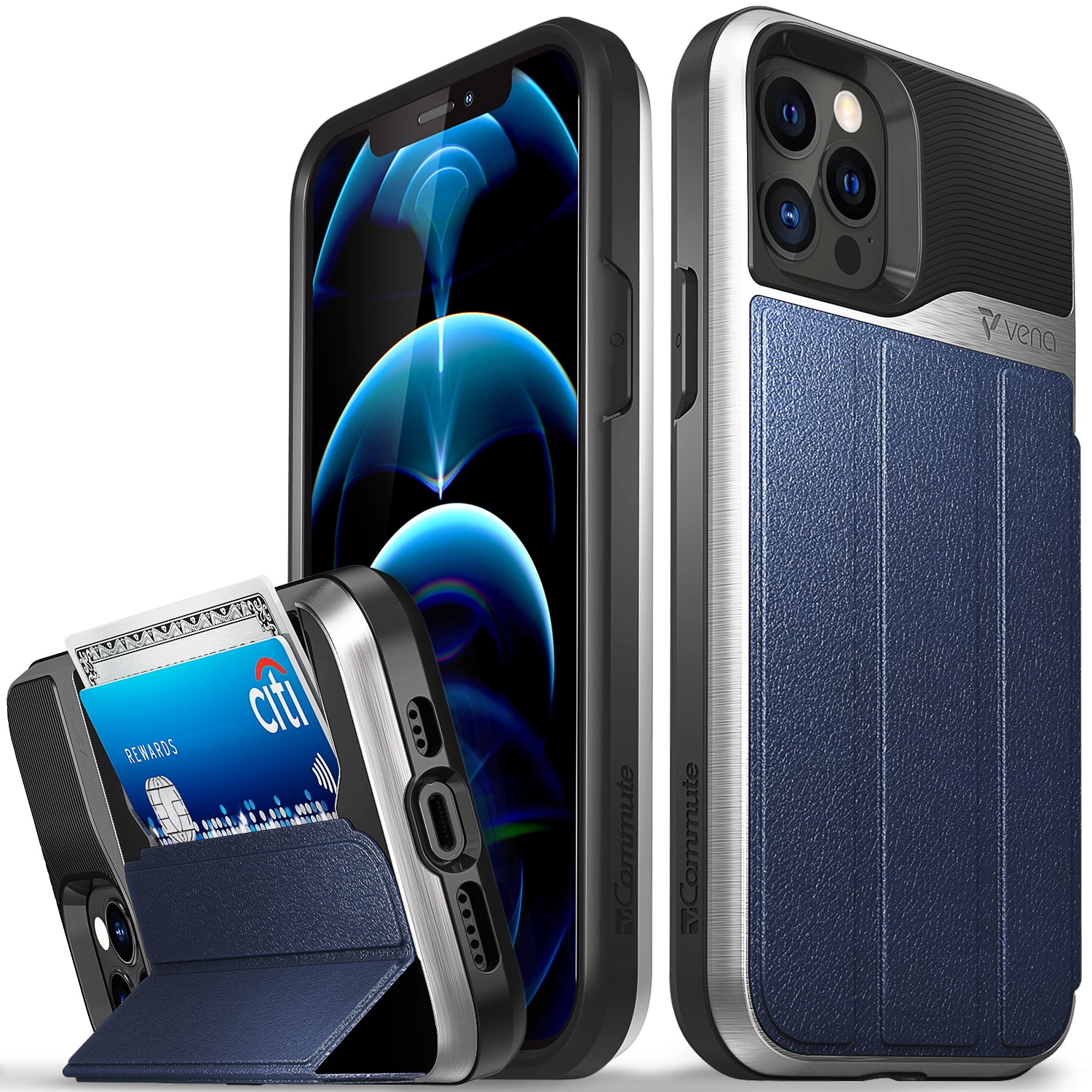 Vena vCommute Wallet Case Compatible with Apple iPhone 12 / iPhone 12 Pro (6.1"-inch), (Military Grade Drop Protection) Flip Leather Cover Card Slot Holder with Kickstand - Blue