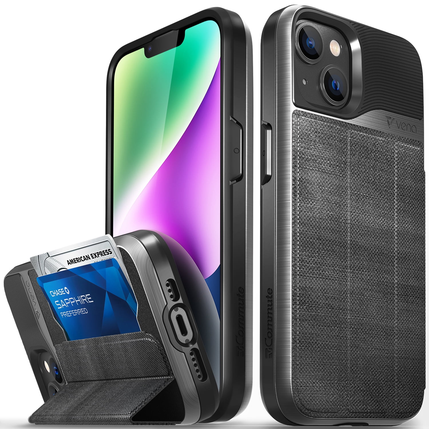 Vena vCommute Wallet Case Compatible with Apple iPhone 14/13 (6.1"-inch), (Military Grade Drop Protection) Flip Leather Cover Card Slot Holder with Kickstand - Space Gray / Slate Black / Black