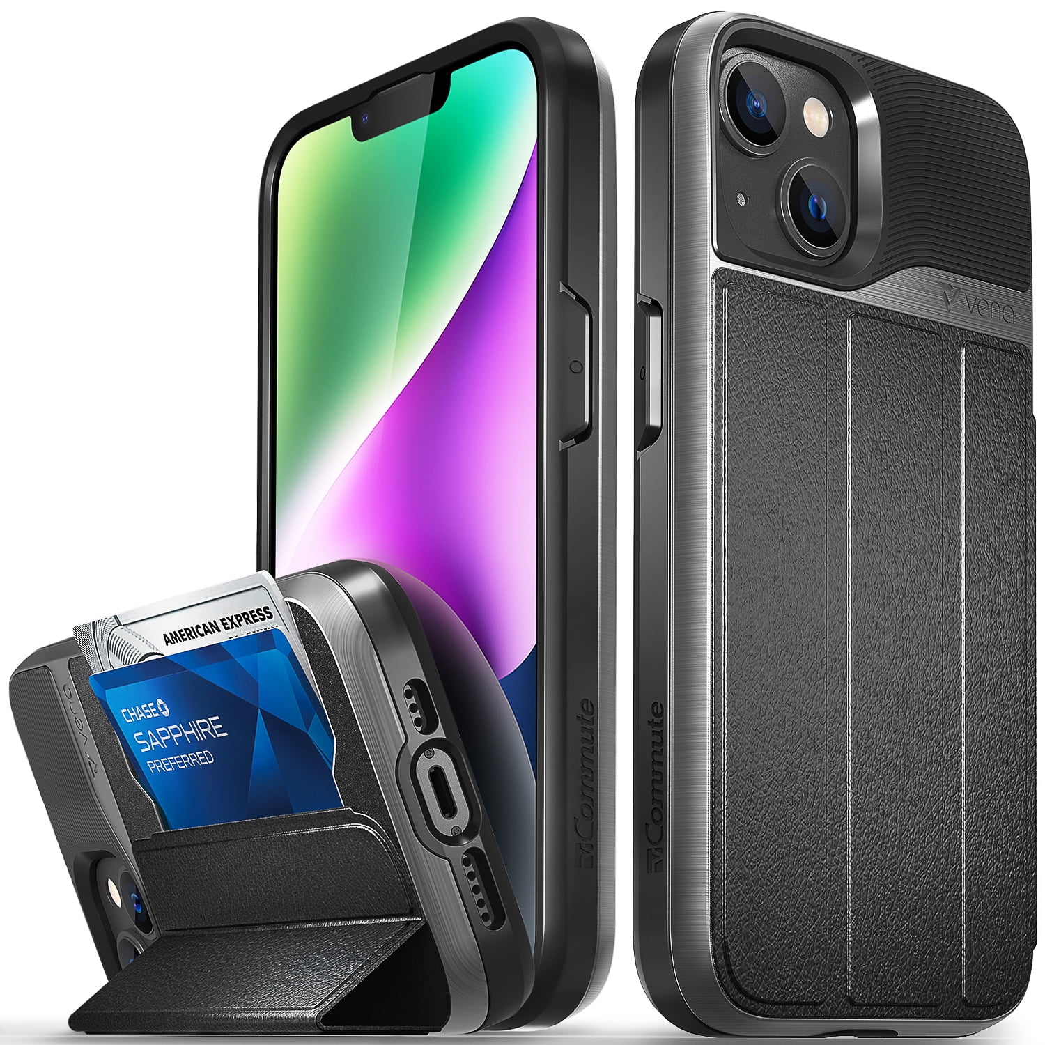 Vena vCommute Wallet Case Compatible with Apple iPhone 14/13 (6.1"-inch), (Military Grade Drop Protection) Flip Leather Cover Card Slot Holder with Kickstand - Space Gray /Black