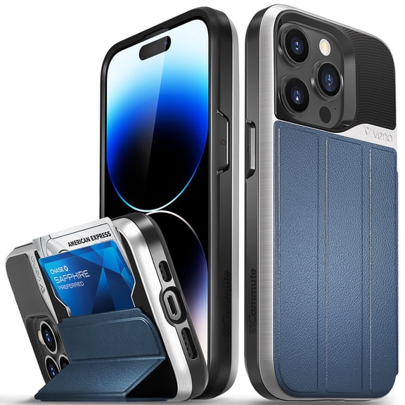 Vena vCommute Wallet Case Compatible with Apple iPhone 14 Pro (6.1"-inch), (Military Grade Drop Protection) Flip Leather Cover Card Slot Holder with Kickstand - Blue/Black
