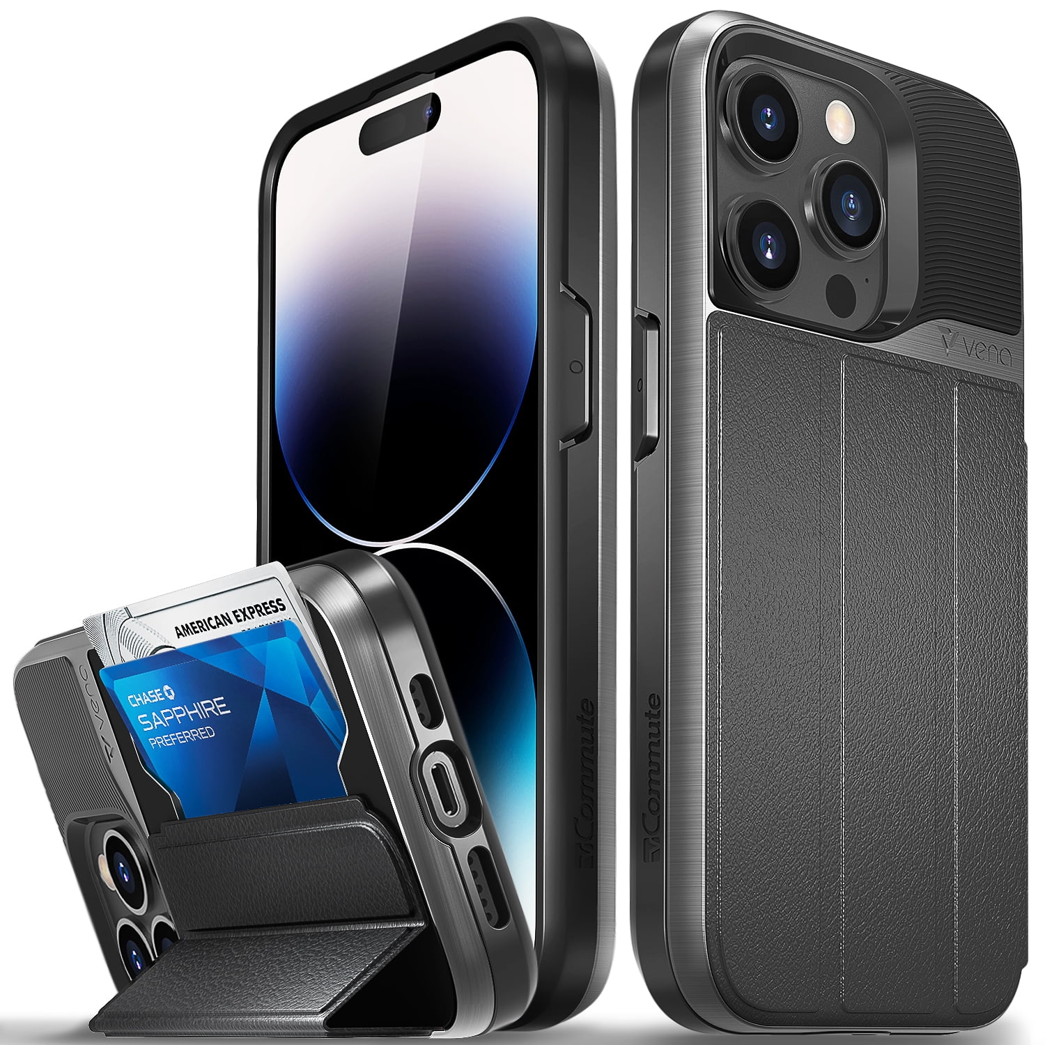Vena vCommute Wallet Case Compatible with Apple iPhone 14 Pro (6.1"-inch), (Military Grade Drop Protection) Flip Leather Cover Card Slot Holder with Kickstand - Space Gray