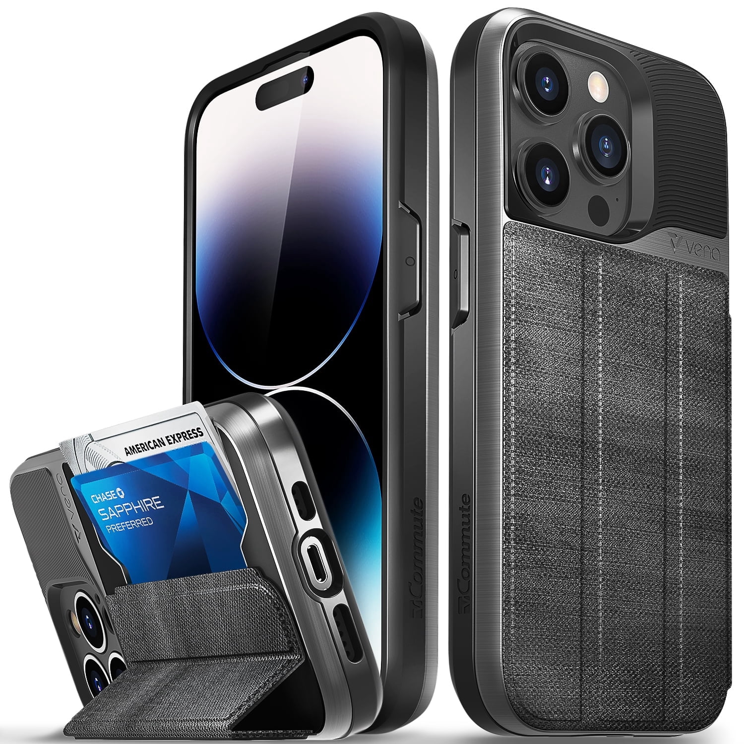 Vena vCommute Wallet Case Compatible with Apple iPhone 14 Pro (6.1"-inch), (Military Grade Drop Protection) Flip Leather Cover Card Slot Holder with Kickstand - Space Gray / Slate Black / Black