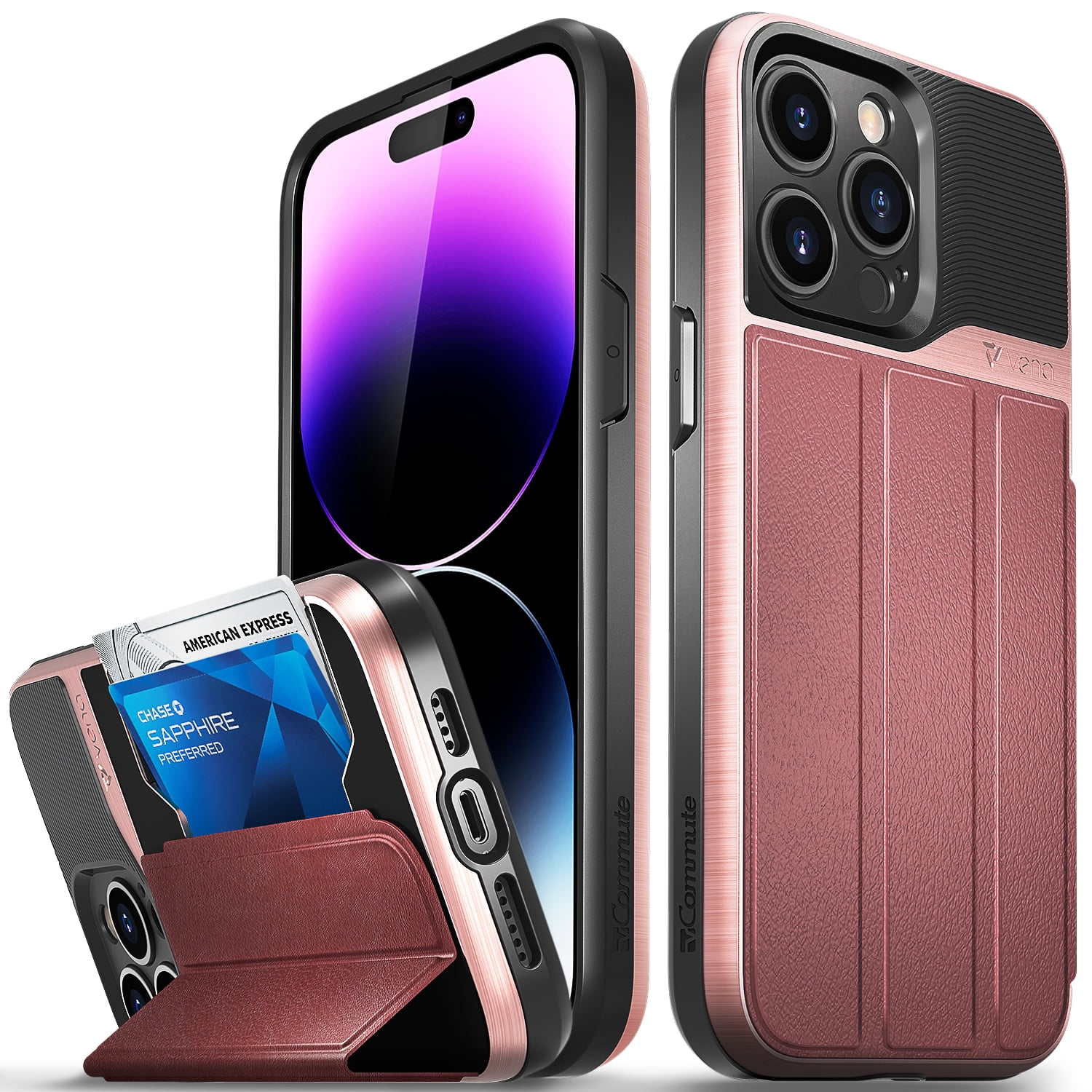 Vena vCommute Wallet Case Compatible with Apple iPhone 14 Pro Max (6.7"-inch), (Military Grade Drop Protection) Flip Leather Cover Card Slot Holder with Kickstand - Rose Gold / Red / Black