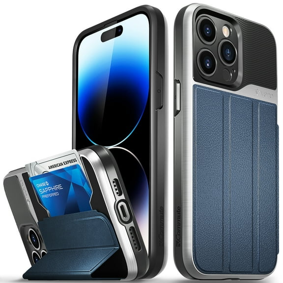 Vena vCommute Wallet Case Compatible with Apple iPhone 14 Pro Max (6.7"-inch), (Military Grade Drop Protection) Flip Leather Cover Card Slot Holder with Kickstand - Silver / Blue / Black