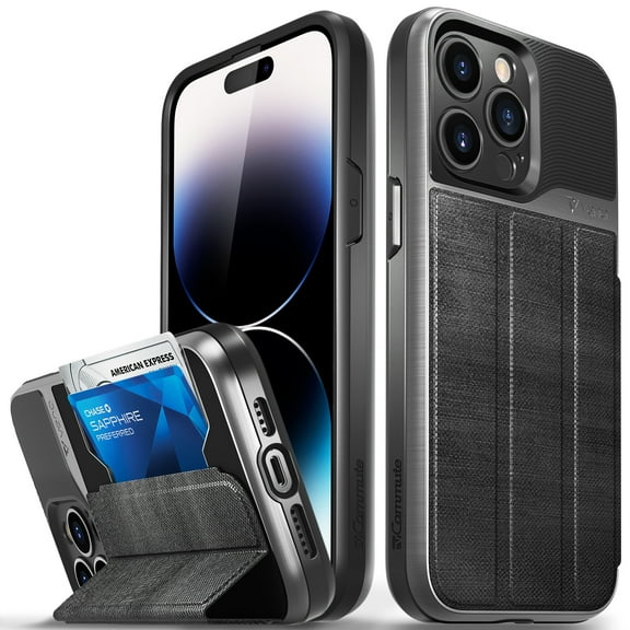 Vena vCommute Wallet Case Compatible with Apple iPhone 14 Pro Max (6.7"-inch), (Military Grade Drop Protection) Flip Leather Cover Card Slot Holder with Kickstand - Space Gray / Slate Black / Black