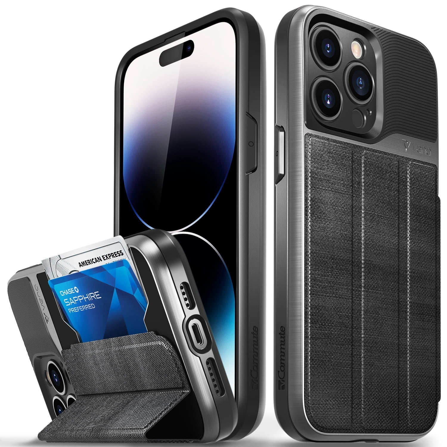 Vena vCommute Wallet Case Compatible with Apple iPhone 14 Pro Max (6.7"-inch), (Military Grade Drop Protection) Flip Leather Cover Card Slot Holder with Kickstand - Space Gray / Slate Black / Black