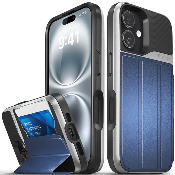 Vena vCommute Wallet Case Compatible with Apple iPhone 16 (6.1"), (Military Grade Drop Protection) Flip Leather Cover Card Slot Holder with Kickstand - Silver / Blue / Black