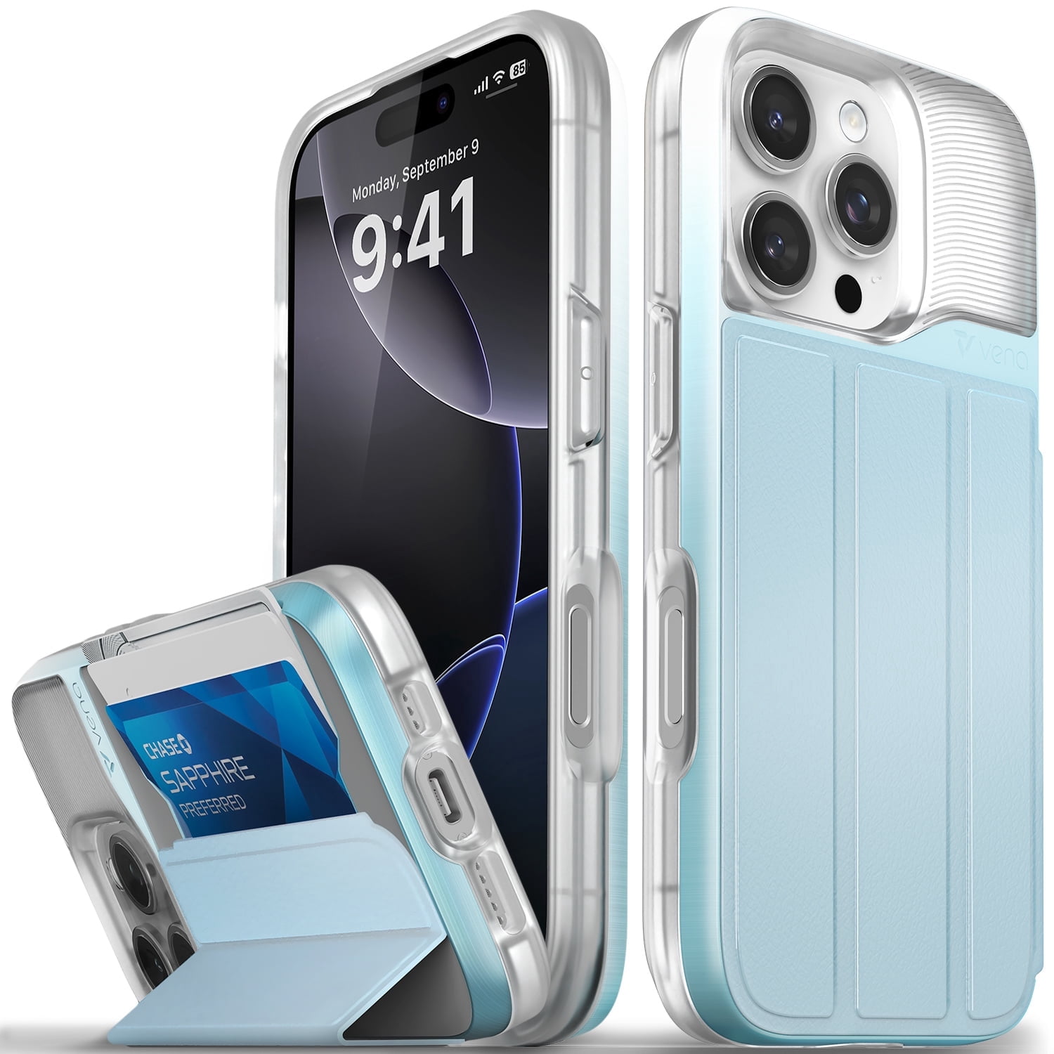 Vena vCommute Wallet Case Compatible with Apple iPhone 16 Pro (6.3"), (Military Grade Drop Protection) Flip Leather Cover Card Slot Holder with Kickstand - Pastel Blue / Frost