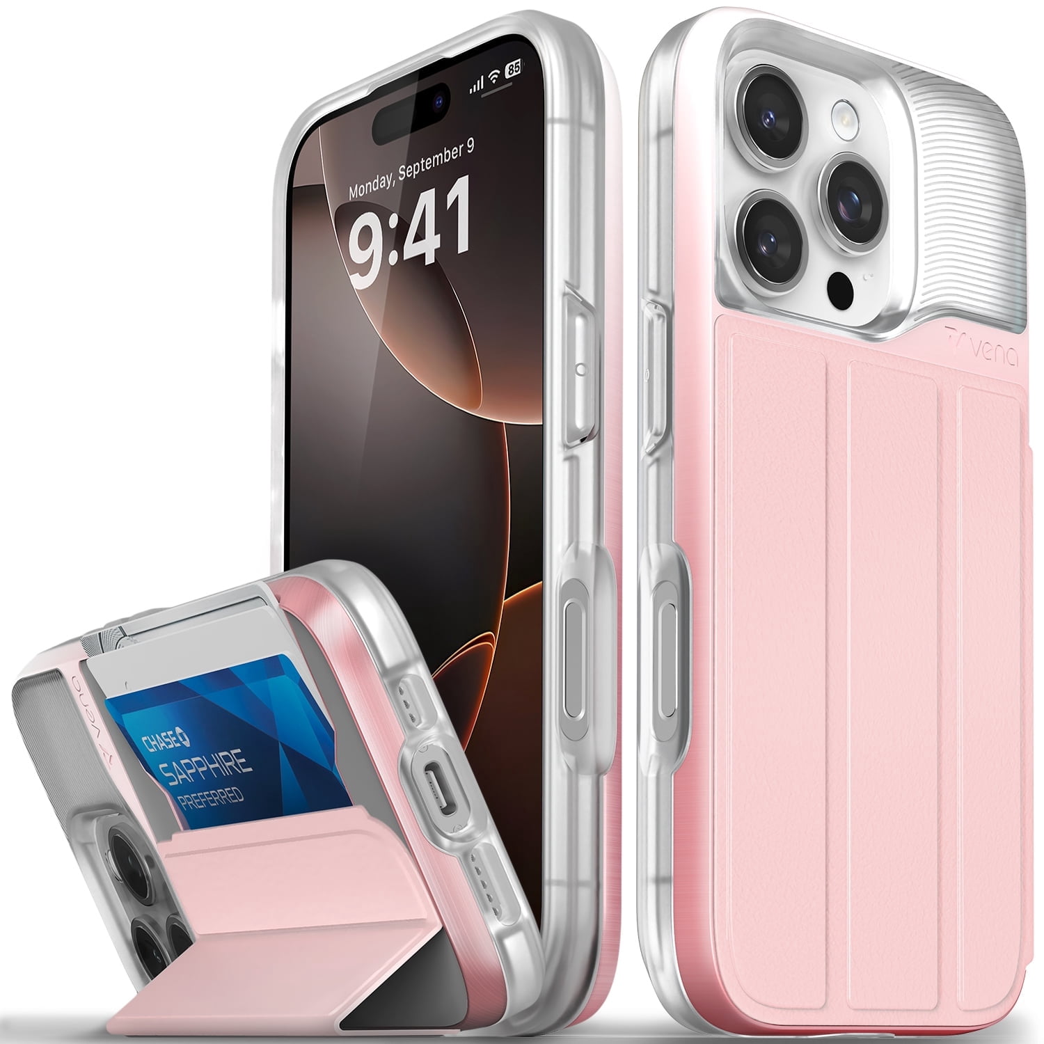 Vena vCommute Wallet Case Compatible with Apple iPhone 16 Pro (6.3"), (Military Grade Drop Protection) Flip Leather Cover Card Slot Holder with Kickstand - Pastel Pink / Frost