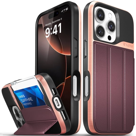 Vena vCommute Wallet Case Compatible with Apple iPhone 16 Pro (6.3"), (Military Grade Drop Protection) Flip Leather Cover Card Slot Holder with Kickstand - Rose Gold / Black