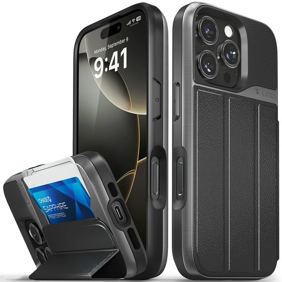 Vena vCommute Wallet Case Compatible with Apple iPhone 16 Pro (6.3"), (Military Grade Drop Protection) Flip Leather Cover Card Slot Holder with Kickstand - Space Gray / Black
