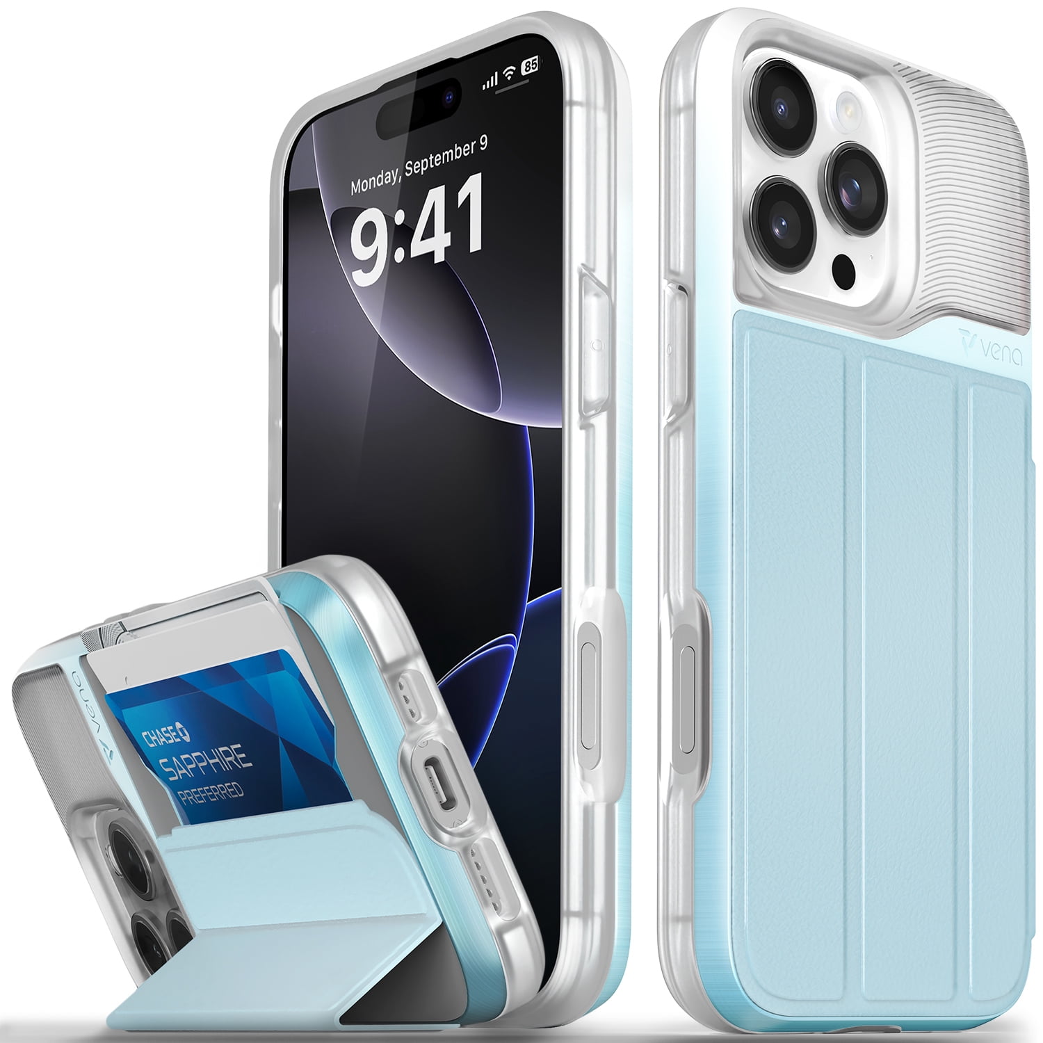 Vena vCommute for Apple iPhone 16 Pro Max Wallet Case, iPhone 16 Pro Max Case with Leather Stand Card Holder [Military Grade Drop Protection] - Pastel Blue