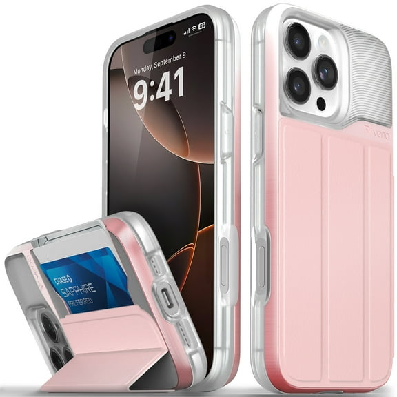 Vena vCommute for Apple iPhone 16 Pro Max Wallet Case, iPhone 16 Pro Max Case with Leather Stand Card Holder [Military Grade Drop Protection] - Pastel Pink