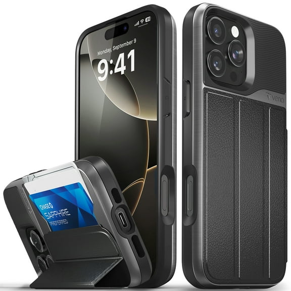 Vena vCommute for Apple iPhone 16 Pro Max Wallet Case, iPhone 16 Pro Max Case with Leather Stand Card Holder [Military Grade Drop Protection] - Black