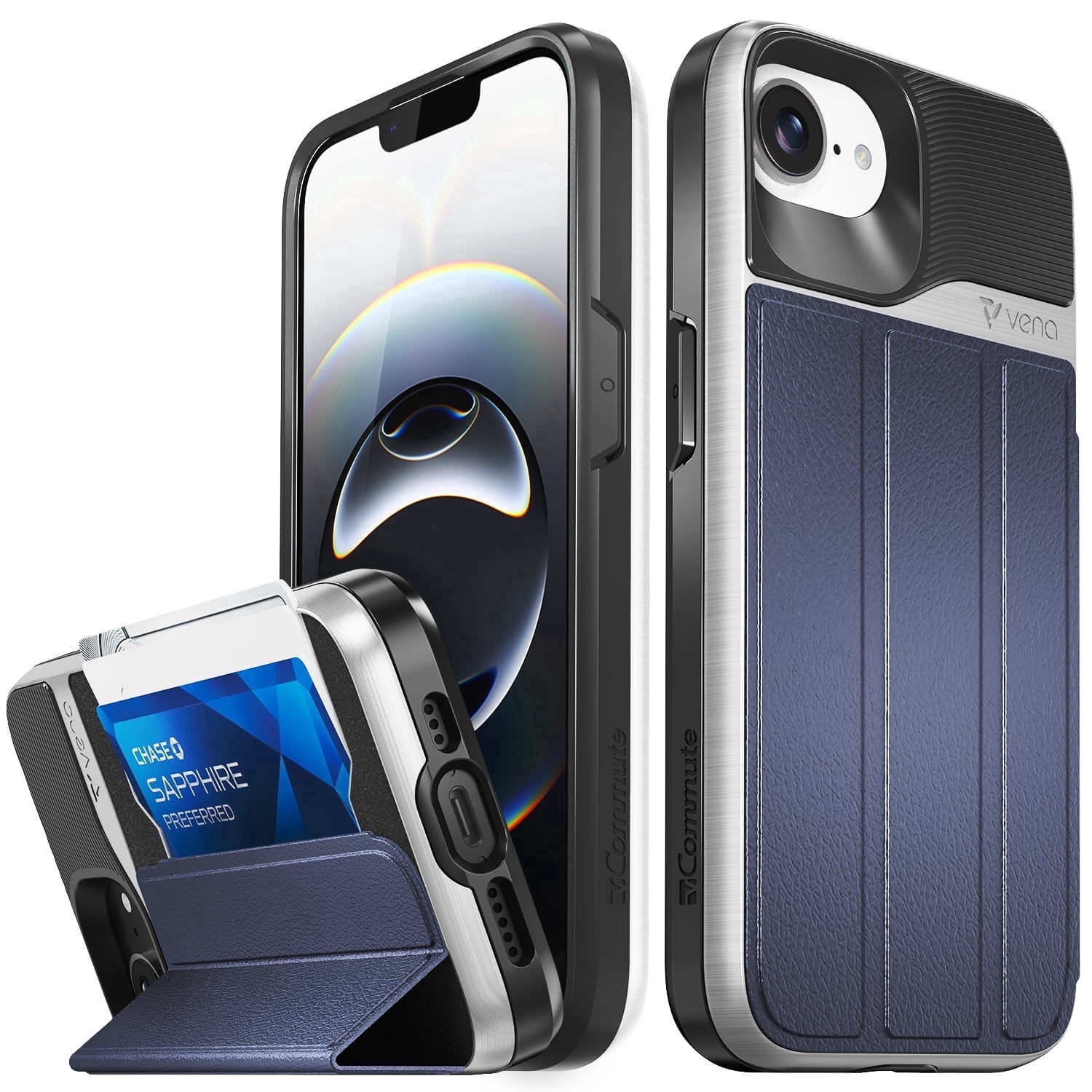 Vena vCommute For Apple iPhone 16e / iPhone 17e Case Wallet, Case with Stand Leather Card Holder [Military Grade Drop Protection], Blue