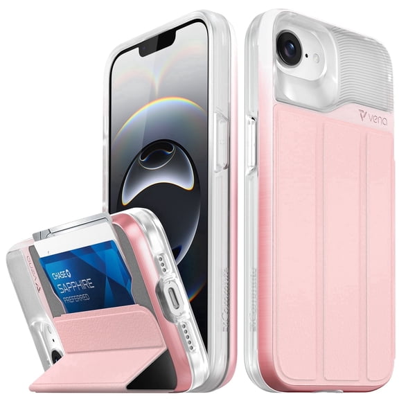 Vena vCommute For Apple iPhone 16e / iPhone 17e Case Wallet, Case with Stand Leather Card Holder [Military Grade Drop Protection], Pink