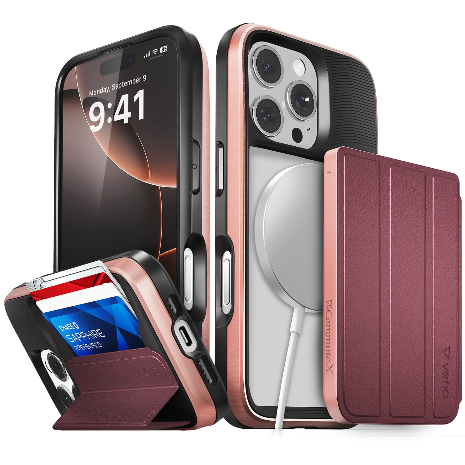 Vena vCommuteX for Apple iPhone 16 Pro Case, Wallet Case Compatible with MagSafe, Leather Flip Cover with Card Slot and Kickstand, Red