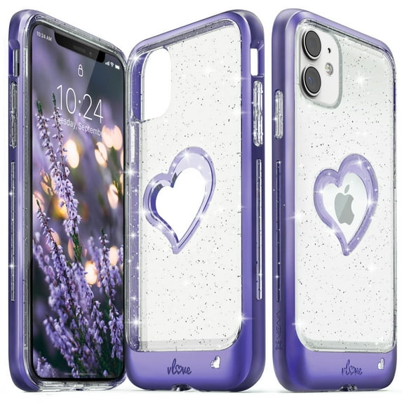 Vena vLove Glitter Clear Case Compatible with Apple iPhone 11 (6.1"-inch 2019), Heart Shape (CornerGuard Protection) Dual Layer Slim Hybrid Clear Bumper Case Cover - Purple