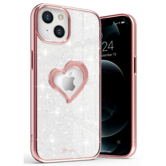 Vena vLove Glitter Clear Case Compatible with Apple iPhone 13/14 (6.1"-inch), Heart Shape Design (MagSafe Compatible) Dual Layer Slim Hybrid Clear Bumper Case Cover - Rose Gold