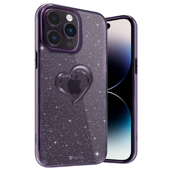 Vena vLove Glitter Clear Case Compatible With Apple iPhone 14 Pro Max (6.7"), Heart Shape (Magsafe Compatible) Dual Layer Slim Hybrid Clear Bumper Case Cover - Purple