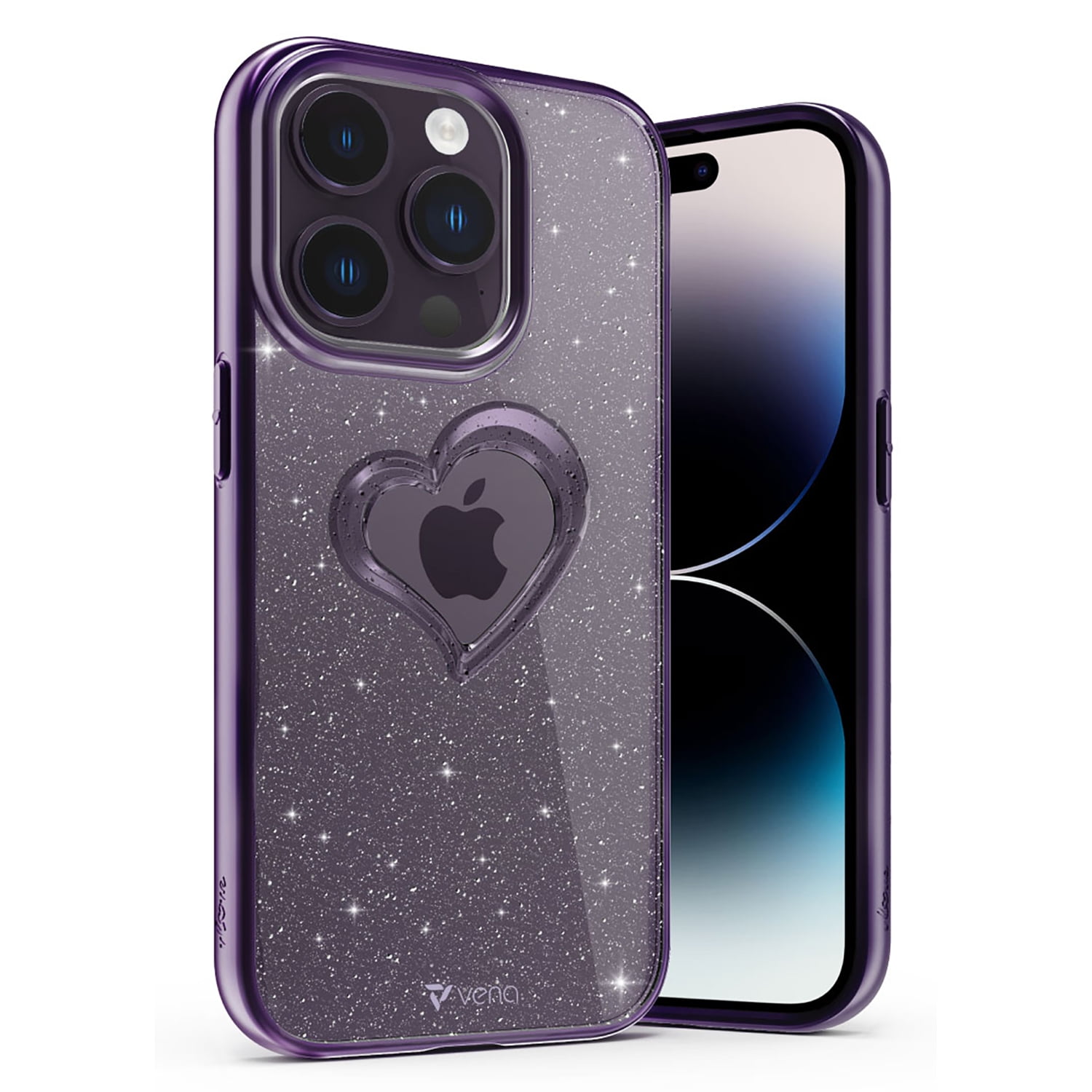 Vena vLove Glitter Clear Case Compatible With Apple iPhone 14 Pro (6.1"), Heart Shape (Magsafe Compatible) Dual Layer Slim Hybrid Clear Bumper Case Cover - Purple
