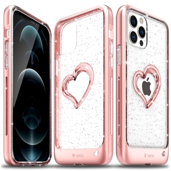 Vena vLove Glitter Heart Case Slim Dual Layer Protection Designed for iPhone 12 Pro (6.1")- Rose Gold