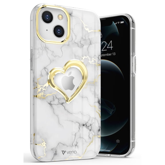 Vena vLove Marble Case Compatible with Apple iPhone 13 (6.1"-inch), Heart Shape Design (MagSafe Compatible) Dual Layer Slim Hybrid Clear Bumper Case Cover - White/Gold Accent
