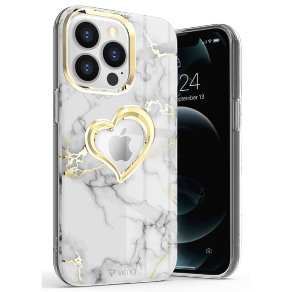 Vena vLove Marble Case Designed for Apple iPhone 13 Pro (6.1"-inch) (Compatible with Magsafe) Heart Shape Design Dual Layer Slim Hybrid Clear Bumper Case Cover - White/Gold Accent