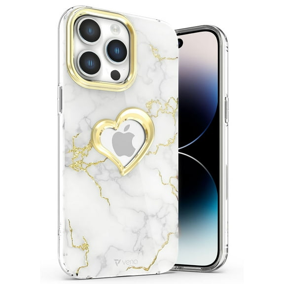 Vena vLove Marble Case for Apple iPhone 14 Pro Max, Heart Shape Design (MagSafe Compatible) Dual Layer Slim Hybrid Clear Bumper Cover