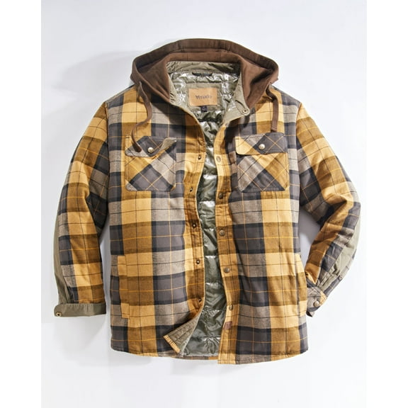 Venado Men's Quilt Lined Flannel Shirt Jacket with Hood - Reflective Winter Coat for Men (Amber, Large)