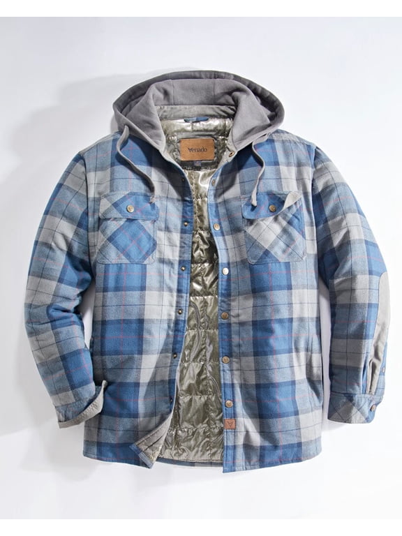 Men's Quilt Lined Flannel Shirt Jacket with Hood - Reflective Winter Coat for Men (Vintage Blue, Small)