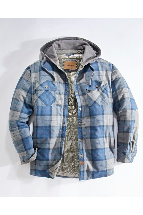 Men's Quilt Lined Flannel Shirt Jacket with Hood - Reflective Winter Coat for Men (Vintage Blue, Small)