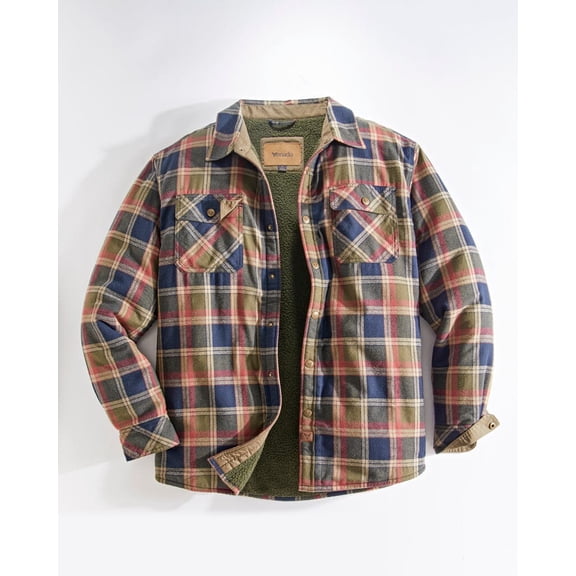 Venado Men's Sherpa Lined Flannel Jacket - Premium Flannel Coat with Snaps (Vintage Olive, 2XL)