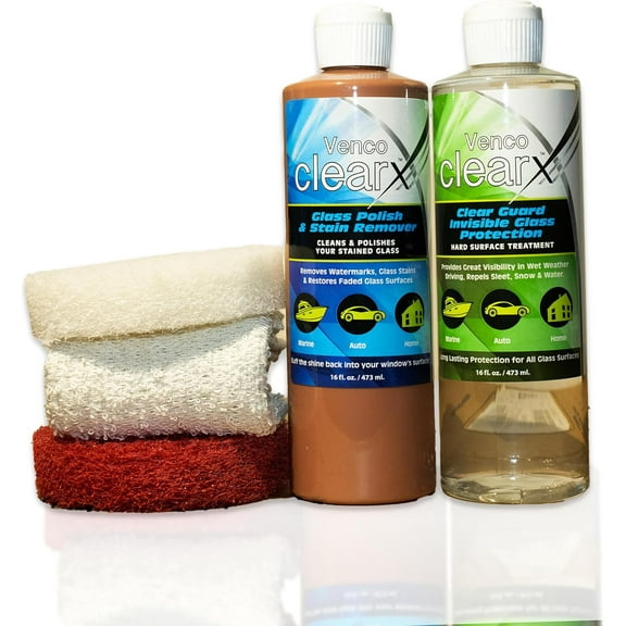 Venco Clear X Glass Polish & Protector - 16oz Kit for Removing Rust, Burnt-In Stains, Water Spots - Protects & Repels Water, Snow - Ideal for Yachts, Cars, Home Windows, RVs & More - Made in USA
