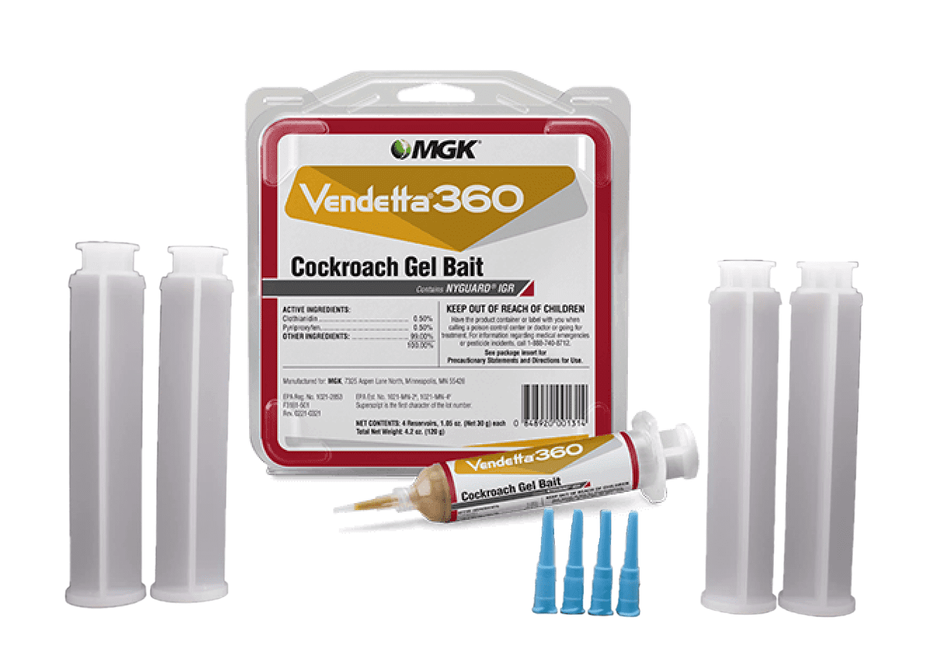 Vendetta 360 Cockroach Gel Bait - Attractive and Durable Formula - 1 Pack (4 Tips, 4 Plungers, & 4 x 30g Tubes) by MGK