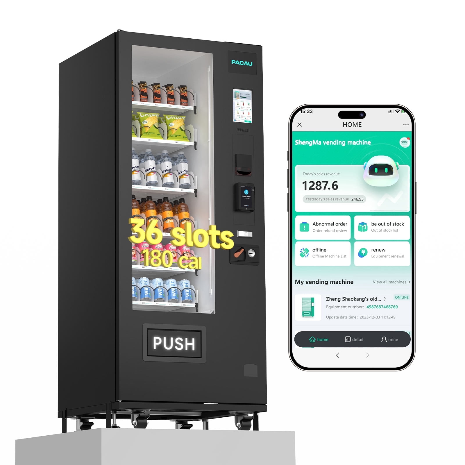 Vending Machine, 36 Slot Snack & Drink Combo, Remote App Monitoring, Dual Cash & Cashless Payment System with Bill, Coin & Card Reader, Unattended Business Vending for Office, Gym, Apartment & Hotel