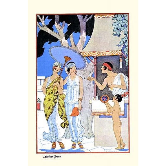 Vendor in a kiosk in ancient Greece offers two young girls in gossamer dresses a bottle of perfume Poster Print by George Barbier (24 x 36)