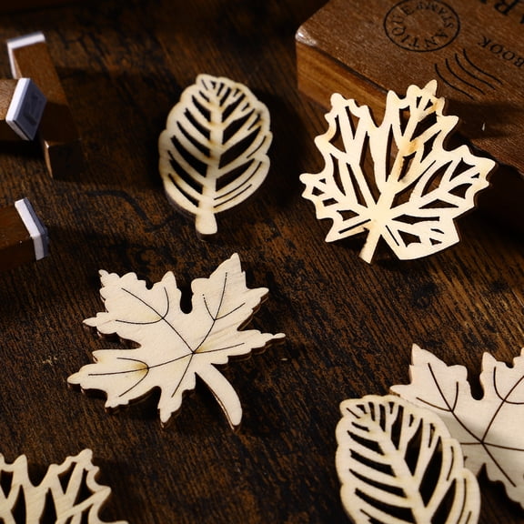 Veneers slices Amosfun 40PCS Wooden Maple Leaves Cutout Wood Slices Hollow Out Wood Pieces Crafts for DIY Crafting Ornament Decoration (Burlywood)