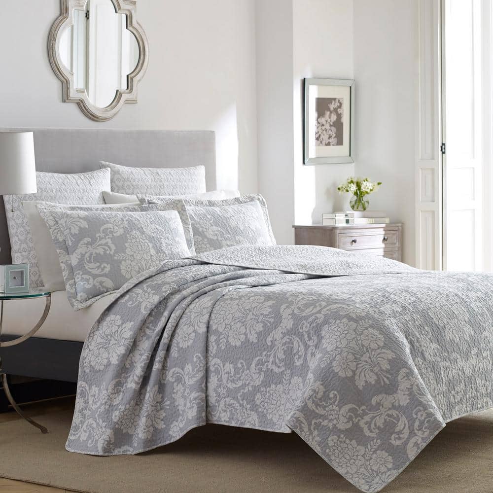 3Piece Gray Floral Cotton King Quilt Set