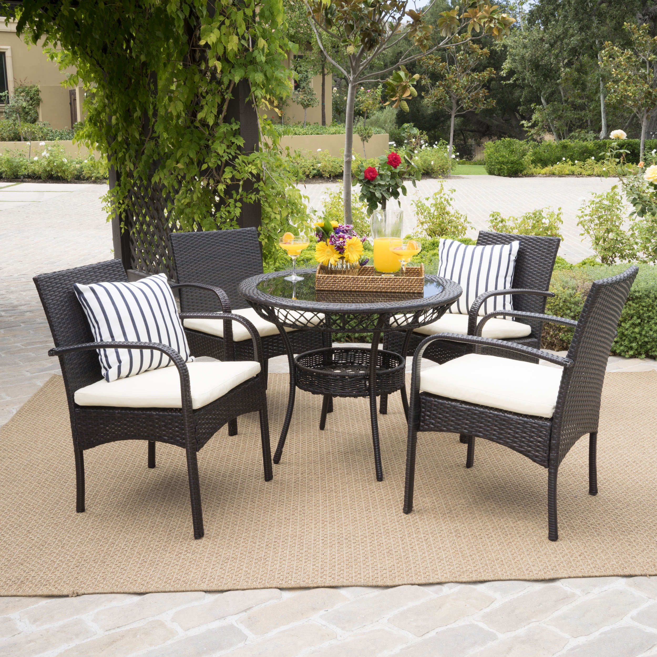 5Piece Outdoor Round Glass Top Wicker Dining Set with